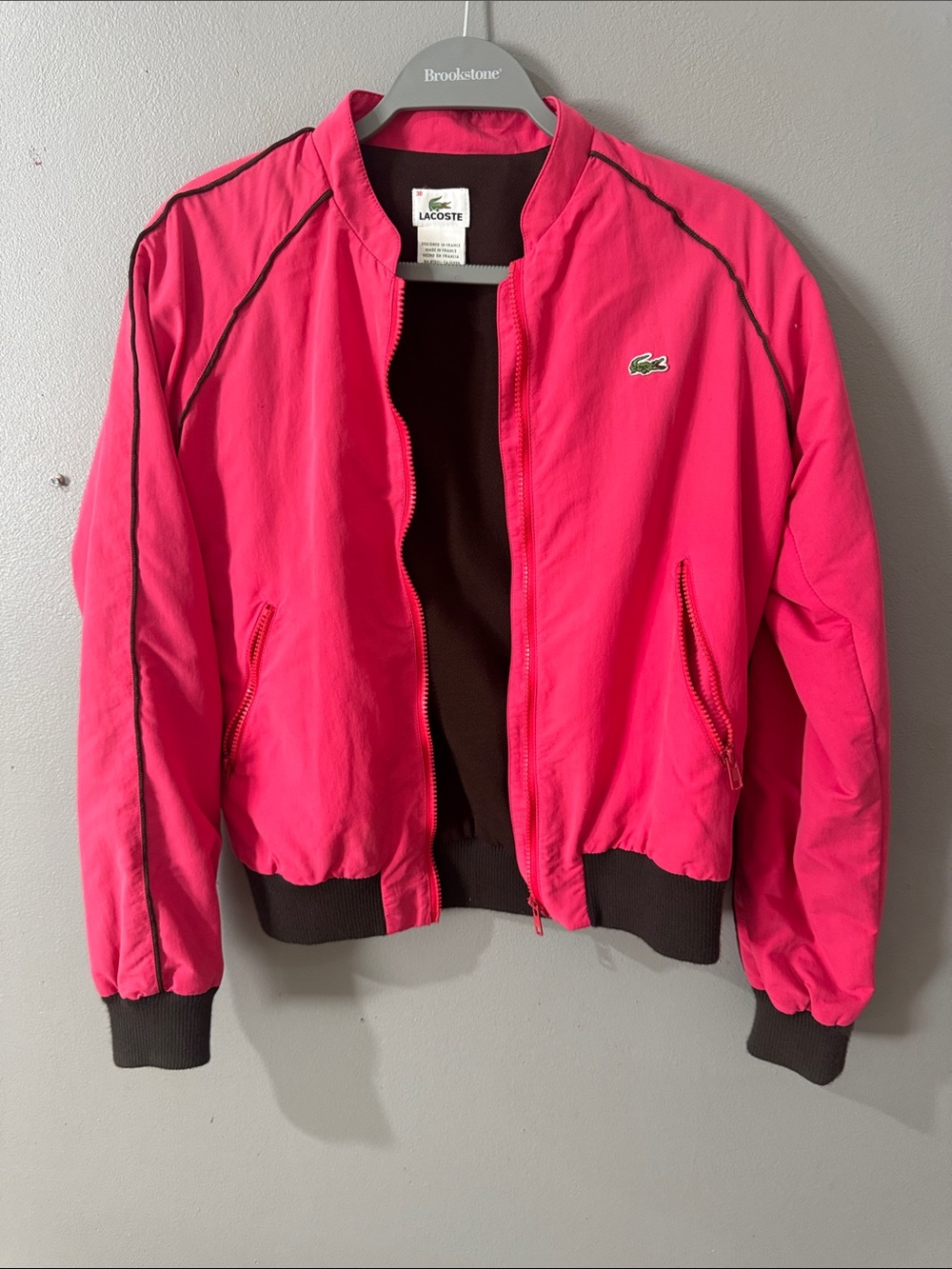 Lacoste Hot Pink Bomber Jacket with Brown Trim